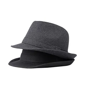Classic men's wool felt fedora hats in dark grey and black colors with a solid finish