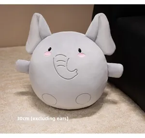 Detail of 30cm soft grey elephant plush pillow with cute facial embroidery and pink blush