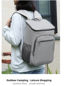 Close-up of the grey insulated picnic backpack with breathable mesh side pocket and zipper