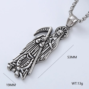 Gothic Santa Muerte grim reaper pendant in stainless steel for men with 53mm x 19mm size