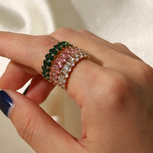 18k gold plated adjustable rings with emerald, pink, and white oval cubic zirconia