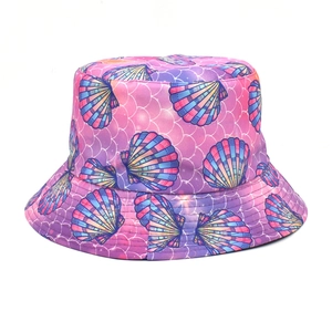 Detailed close-up of shell pattern and mermaid scales on pink purple bucket hat