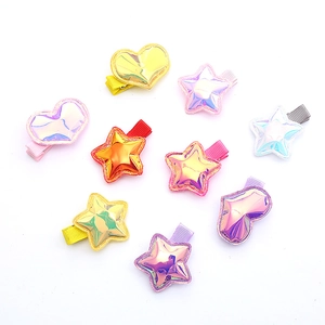 Colorful holographic star and heart hair clips for girls set of 10 on white background