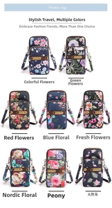 Detail of floral nylon crossbody bags with multiple compartments and adjustable straps
