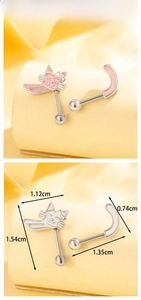Detailed view of cat-themed titanium earrings with pink enamel and size measurements