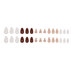 Caramel plaid and polka dot press-on nails set with elegant bow design and almond shape