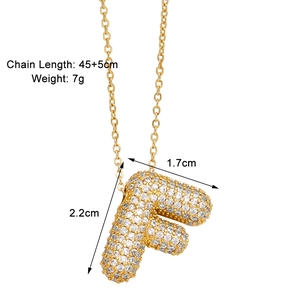 Detailed dimensions of letter F zircon necklace with chain length and weight info