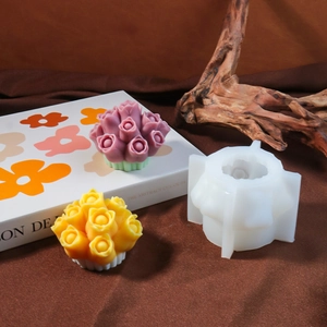 Makro-Detail von Tulpenblüten-Silikonform mit fertigen DIY-Duftkerzen für Heimdekoration
