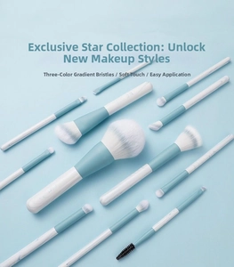 Detail of 12pcs sky blue makeup brush set with soft gradient bristles and marble handles