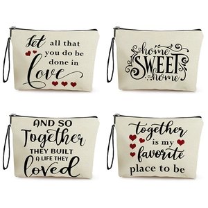Trousse Cosmétique Toile Lin Pochette Maquillage Avec Fermeture Éclair Dragonne Citation Lettre Cœur Imprimé Cadeau