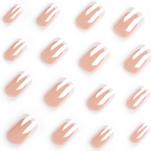 Glossy nude pink press-on nails with white French tips set of 16 pieces on white background