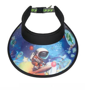 Detail of kids sun visor with 3D astronaut space print and adjustable buckle strap