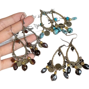 Bohemian retro drop earrings with vintage bronze frame, ethnic beads and embossed discs