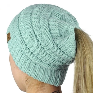 Chic mint green knit ponytail beanie for women with warm open top design for outdoor winter