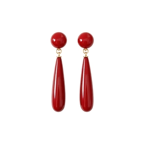 French vintage drop earrings with red resin waterdrop pendants and gold metal studs