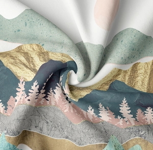 Close-up of bohemian landscape tapestry showing fabric texture and mountain print detail
