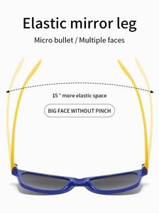 Close-up of kids sunglasses showing flexible blue frames and elastic yellow mirror legs