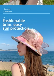 Detail of summer sun hat featuring purple floral prints and 3D mesh flower decor