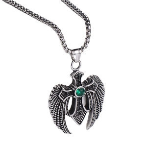 Gothic angel wing cross pendant with green gemstone in silver stainless steel
