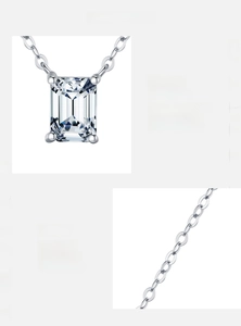 Detail of emerald cut Moissanite pendant with D color VVS1 on S925 sterling silver chain