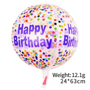 Close-up of 22-inch transparent Happy Birthday balloon with colorful polka dots