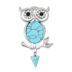 Retro owl brooch with turquoise stone and sparkling rhinestones on silver metal base