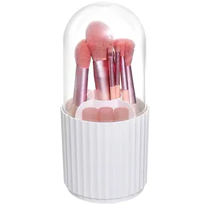 Rotating makeup brush organizer with transparent dustproof cover and internal partitions