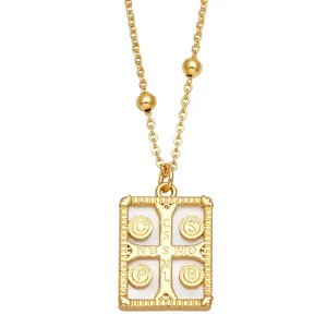 Vintage gold cross pendant necklace with engraved letters and beaded chain for women