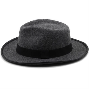 Detailed view of charcoal grey wool fedora with black ribbon band and bound edge