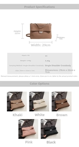 Detailed size chart and specifications for the retro chain strap shoulder bag in PU leather
