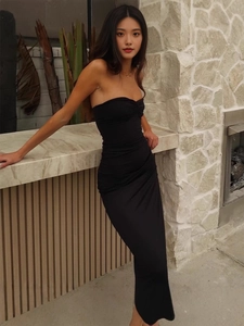 Sexy black strapless maxi dress for women featuring slim fit side slit and ruched detailing