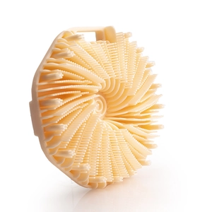 Beige round silicone body brush with spiral bristles and hanging hole for bathing