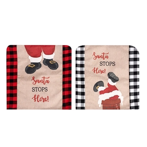 Set of 2 Christmas linen chair covers featuring Santa chimney motifs and buffalo plaid