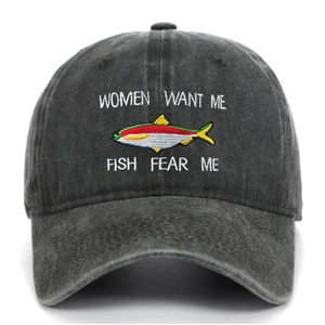 Close-up of colorful fish embroidery and humor text on charcoal gray washed cotton cap