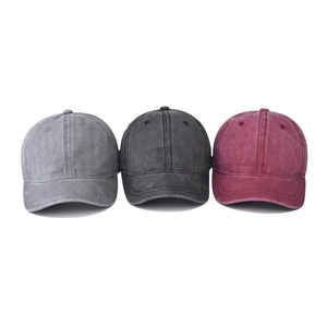Short brim washed cotton baseball cap in grey, dark grey, and burgundy colors