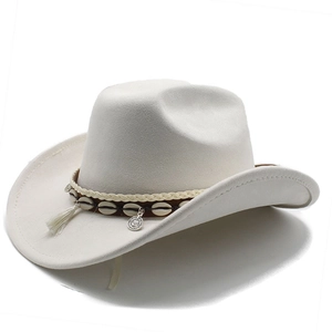 Detail of white suede cowboy hat with shell beads, white tassels and ethnic braided band