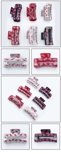 Detail of Valentine's Day acrylic claw clips with red hearts and romantic patterns
