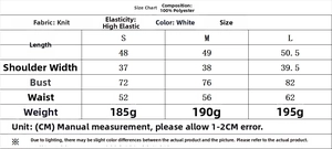 Guide des tailles détaillé pour haut blanc sans manches avec matières et mesures