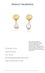 Detailed specs of S925 silver shell pearl earrings with 18k gold plating 10x23mm size