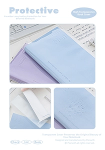 Macro view of waterproof transparent notebook cover showing water droplets and clear texture