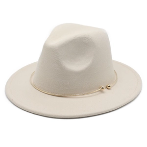 Classic beige wool felt fedora hat with elegant gold metal decorative band for winter