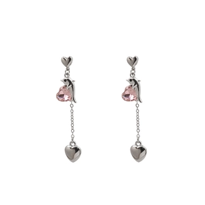 Boucles d'oreilles pendantes dauphin et cœur rose en argent avec strass brillants