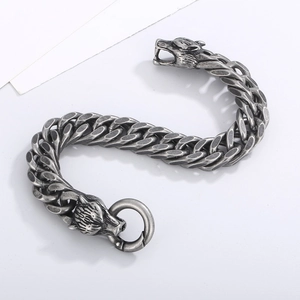 Bracelet tête de loup vintage en acier inoxydable avec chaîne à quille de style punk