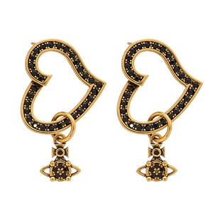 Vintage gold heart earrings with black zircons and iconic Saturn orb drop pendant