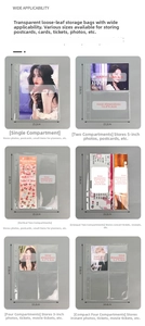 Size chart showing six layout options for clear A5 binder sleeves and photo pocket dimensions