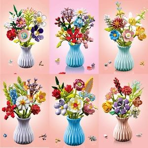 Creative 2x3 grid display showing six colorful DIY artificial brick flower bouquets in vases