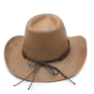 Detail view of woven straw cowboy hat featuring a leather band and decorative bow