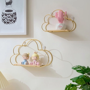 Cloud-shaped golden iron wall shelf with wood base for home storage and decor