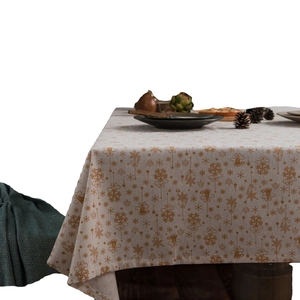 Christmas cotton linen tablecloth with gold foil snowflake and bell prints on beige fabric