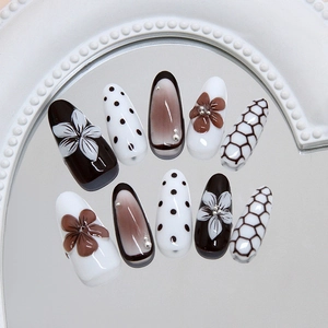 Retro brown polka dot and floral 3D press-on nails with pearls and lily accents